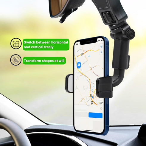 Car Rear View Mirror Phone Holder, 360° Rotating Mount, ABS Multi-Functional Adjustable Cellphone Holder for All