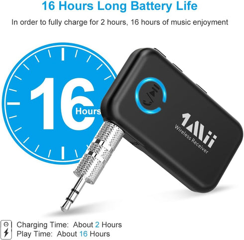 1Mii Bluetooth 5.0 Music Receiver for Car/Home Stereo, Aux Bluetooth Adapter with Volume Control, 16H Battery Life