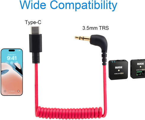 USB C to 3.5mm Cable for RODE Wireless Go II, Coiled Right Angle TRS Male DAC AUX Adapter Audio Cord Compatible with iPhone 15 Pro Max Plus, Galaxy S23 Ultra, Pixel 7 iPad Air Mini