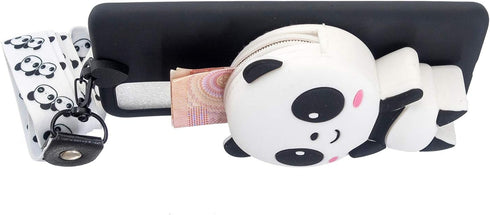 Case Compatible with Samsung Galaxy A12 5G, 3D Cute Animals Pandas Cartoon Soft Black Silicone Wallet Case with Strap