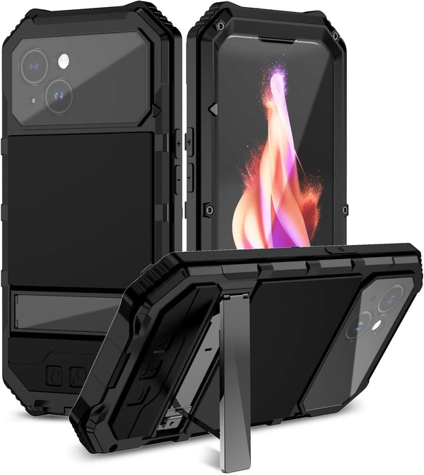 Heavy Duty Protection Case for iPhone 15, Built-in Lens Screen Protector, Rugged Stand, 360 Full Body Military Grade,