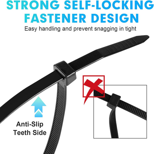 600 Pack (8+12+14+18Inch) 100lb Zip Ties Assorted Sizes, RAZCC Black Cable Ties, Self-Locking Plastic Wire Ties