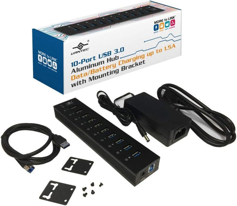 Vantec 10-Port USB 3.0 Hub, Aluminum, Full Powered, Mountable, with All Ports Data & Charging Up to 1.5A, BC 1.2,