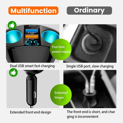 Cigarette Lighter Splitter, USB 2.4A & QC3.0 Type C with 2 Socket Cigarette Lighter Adapter, 12V/24V 120W Car Charger Splitter for GPS Dash Cam Laptop Cell Phone iPhone 14/13/12/11 (A+C 66W) by Moioee