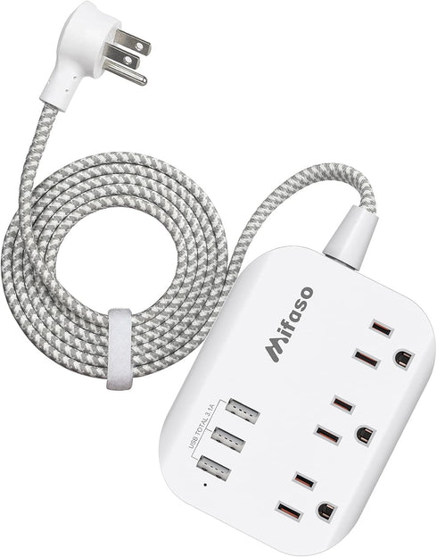 Mifaso USB Power Strip, Flat Plug Extension Cord with 3 Outlets, 3 USB Ports, 5ft Braided Power Cord