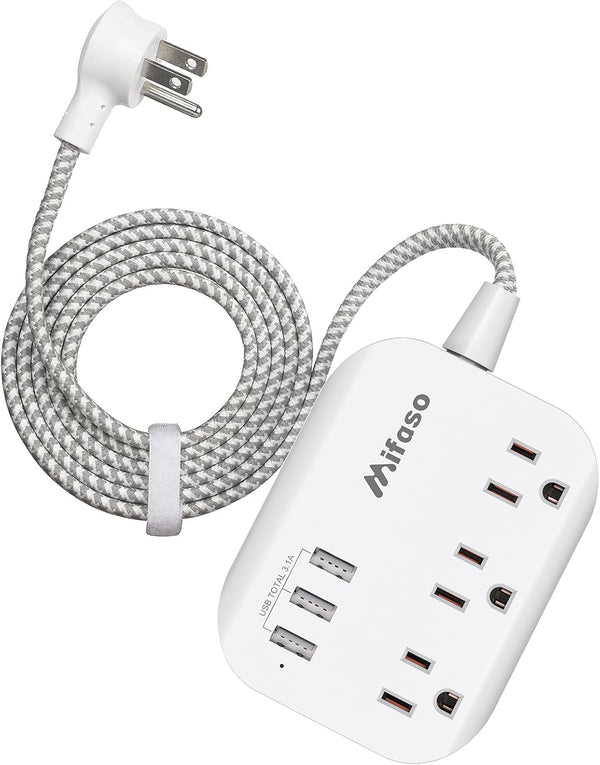 Mifaso USB Power Strip, Flat Plug Extension Cord with 3 Outlets, 3 USB Ports, 5ft Braided Power Cord