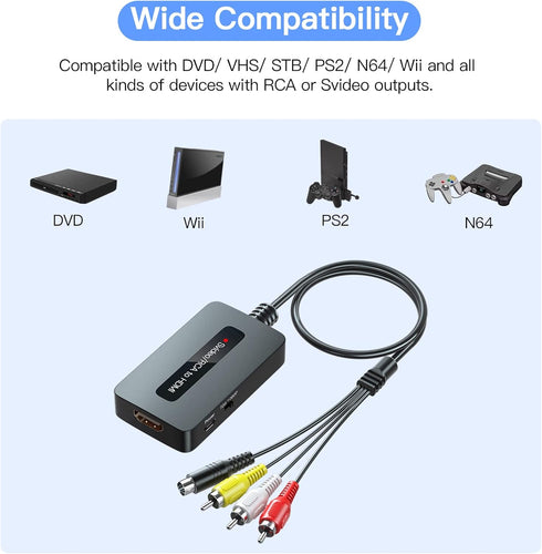 RCA Svideo to HDMI Converter with HDMI Cable, RCA S-Video HDMI Converter, CVBS Composite AV to HDMI Converter