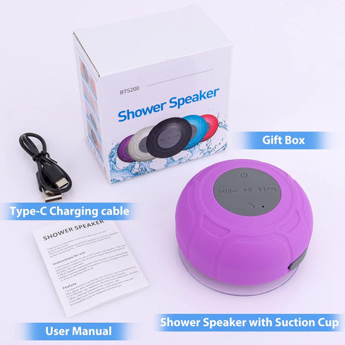 Waterproof Bluetooth Shower Speaker - Portable Wireless Water-Resistant Speaker with Suction Cup, Purple