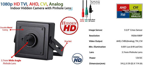 Evertech 1080p HD 4in1 Mini Hidden Camera, Analog Indoor with Wide Angle Pinhole Lens