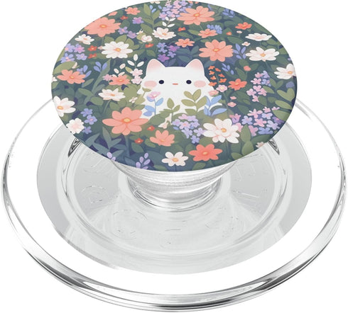 Cute White Cat in Spring Flowers, Botanical Floral PopSockets PopGrip for MagSafe