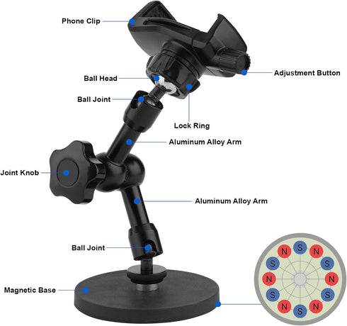 Magnetic Phone Holder, Heavy Duty Mount for Truck/Tractor/Forklift, Fits 3.5~7.5" Smartphones, 360° Adjustable Arm