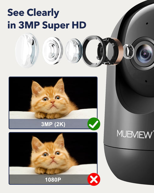 MUBVIEW Indoor Security Camera, 2.4G WiFi Wired Home Security, Motion Tracking, Two-Way Audio, 2K Night Vision PK320B-D