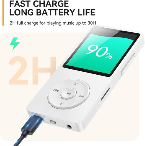 AGPTEK A02 MP3 5.3, 1.8 inch 128GB(White, 64GB) Player with Bluetooth Screen Portable Music Player with Speaker, FM