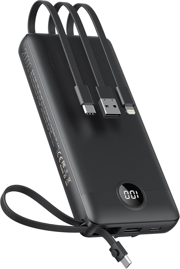 VEEKTOMX 20000mAh Power Bank with Built-in Cables, Portable Charger for iPhone, USB C LED Display External Battery