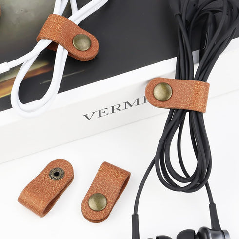 5 Pieces PU Leather Cord Organizer, Reusable Cable Keeper for Headphones and Earbuds (Brown)