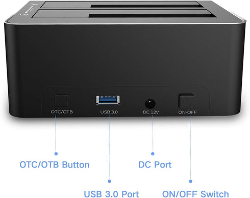 SATA to USB 3.0 Dual Bay Hard Drive Dock for 2.5"/3.5" SATA HDD SSD with 2 USB 3.0 Ports, Offline Clone Function