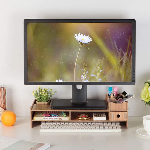 Wooden Monitor Laptop Stand, Modern Desk Storage Organizer for PC Computer, Neck Protector Office Desk Rack Shelf