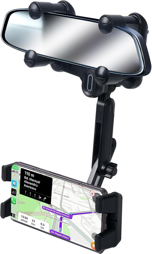 Large Rearview Mirror Phone Holder, 360° Rotatable and Retractable, Anti-Shake Design for All Phones