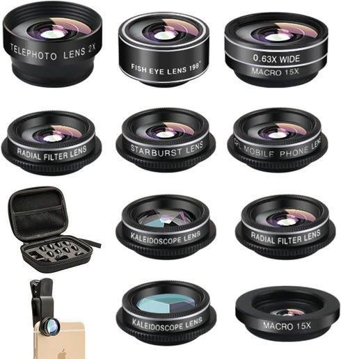 Phone Camera Lens Kit (11 Lenses), Clip on Fisheye/Macro/Wide Angle Lens Attachment with Travel Case for iPhone &
