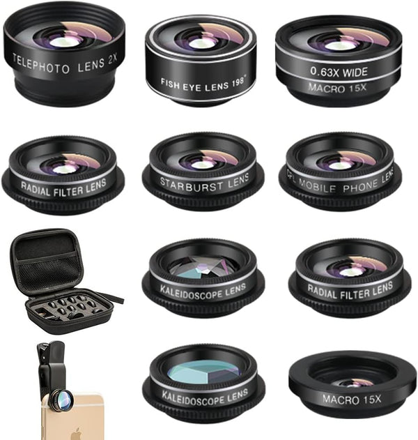 Phone Camera Lens Kit (11 Lenses), Clip on Fisheye/Macro/Wide Angle Lens Attachment with Travel Case for iPhone &