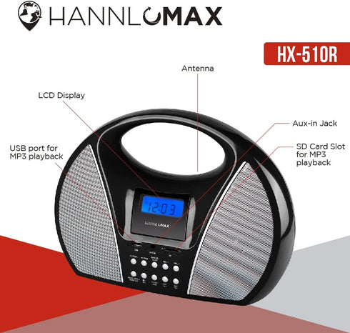 HANNLOMAX HX-510R Portable AM/FM Radio with Bluetooth, USB/SD Port for MP3 Playback, Aux-in, Black