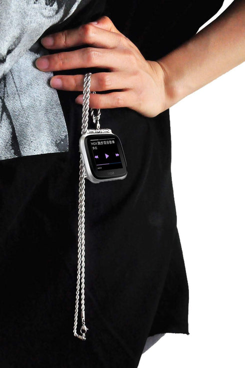 Stainless Steel Chain Necklace Smartwatch Band Compatible with Fitbit Versa 1/2/Lite, Polished Silver Metal Twisted