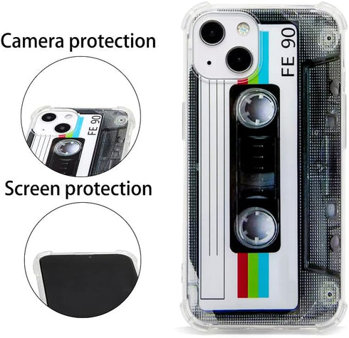 Case for iPhone 13, Matte Finish Heavy Duty Soft Back Cover with Reinforced Corners, Retro Cassette Tape Design