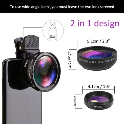Mcoplus 2 in 1 Clip-on Lens Kit, 37mm 0.45X Super Wide Angle & Macro Lens for iPhone and Android