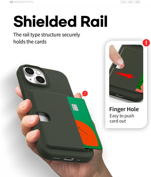 GOOSPERY Rail 2 Card Case Wallet for iPhone 15, Light Silicone + Soft Protection, Dark Green