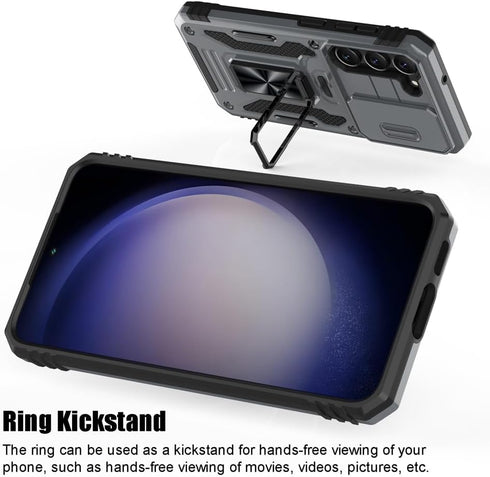 Samsung Galaxy S23 Case, Gray Shockproof Phone Case with Sliding Camera Cover & Rotatable Ring Holder + Screen Protector
