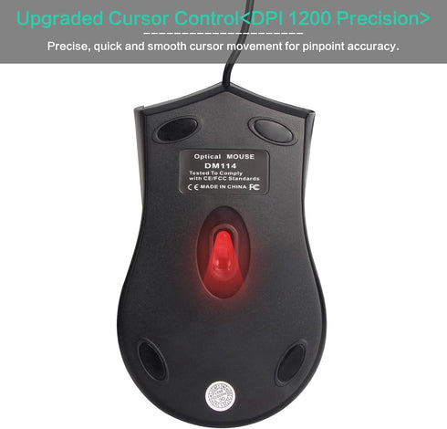 VCOM 6-Foot 1200 Wired USB Mouse with Cord, DPI, Right or Left Hand Use, Ergonomic Design, Black