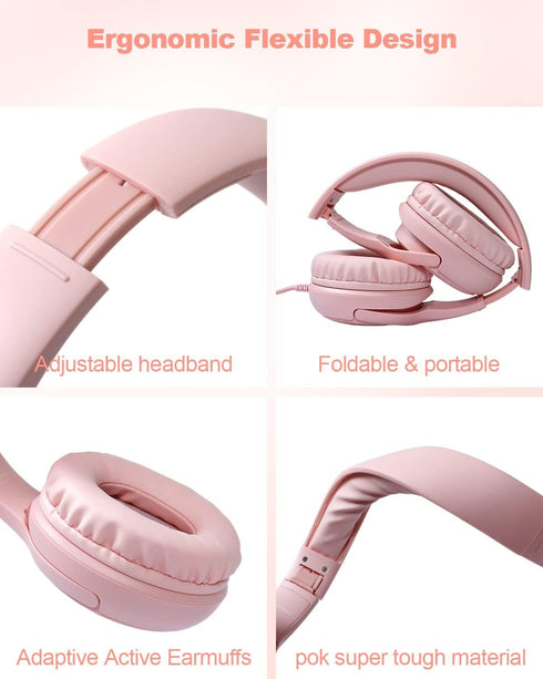Kids Headphones with Microphone, Foldable Stereo Tangle-Free Wired Cord On-Ear Headset for Children/Teens, Pink