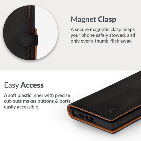 Snakehive Black Genuine Leather Wallet Case for Samsung Galaxy S23 Ultra with Card Holder and Stand