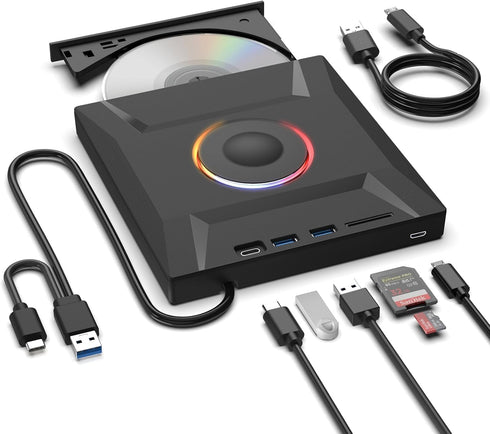 ASHDOL External CD DVD Drive,7 in 1 USB 3.0 and Type-C Disc Reader
