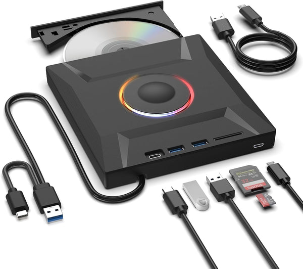 ASHDOL External CD DVD Drive,7 in 1 USB 3.0 and Type-C Disc Reader