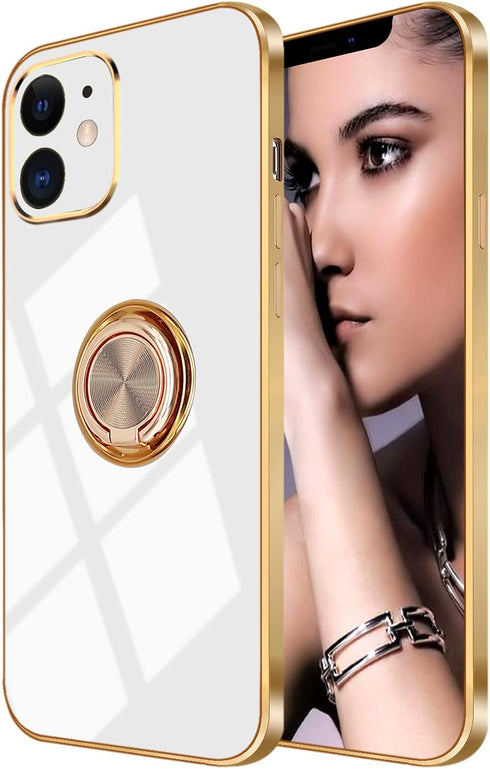 Omorro iPhone 12 Mini Ring Holder Case with 360 Rotation Kickstand, Glitter Plating, Rose Gold Edge, Slim Soft Case -