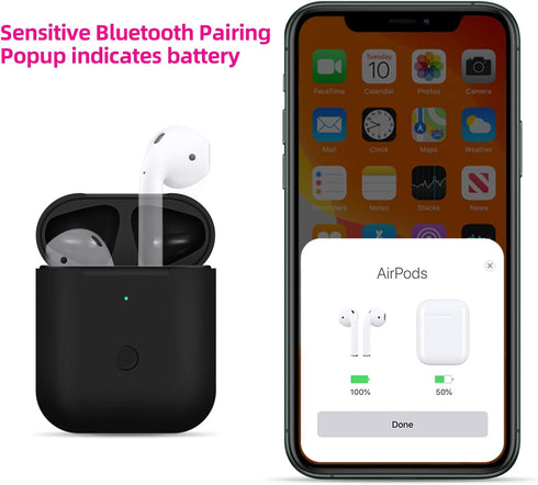 Jinstyles Wireless Charging Case Replacement for AirPods 1st & 2nd Generation, Black, with Bluetooth Sync Pairing Button