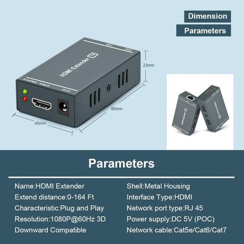 HDMI Extender up to 164 ft/50m, Over Cat5e/Cat6/Cat7 Ethernet Cables, 1080P@60Hz Ultra HD Uncompressed Transmission