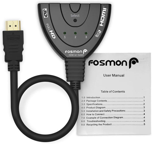 Fosmon 4K HDMI Switch 3 in 1 Out, 4K@30Hz, 3-Port HDMI Splitter Hub, Auto Switching for HDTV, PS5/4