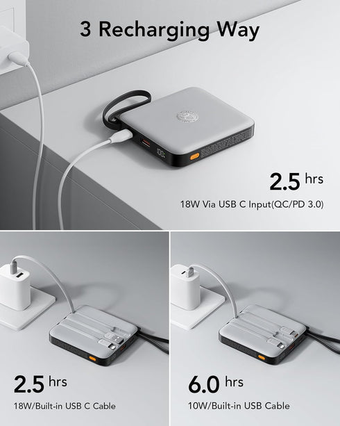VRURC 10000mAh 22.5W Pack, 17 16 15 Portable Charger with Built-in Cable, Fast Charging USB C Battery Cell Phone Power