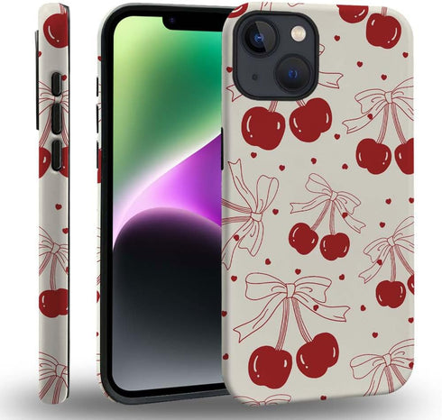 iPhone 14 Plus Case, HH2 Red Cherry Bows Hybrid 2 Layer Hard Shell Silicone Protective Pattern Design