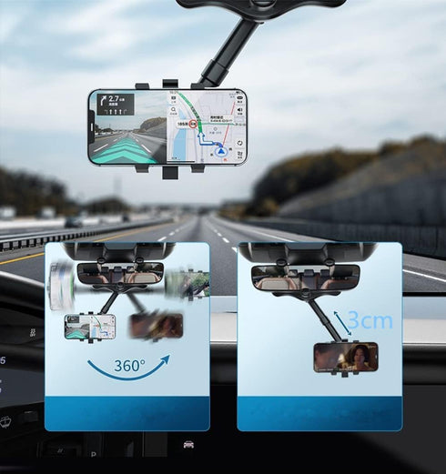360° Rotatable Smart Phone Holder, Adjustable Telescopic Mount Bracket for Car Rearview Mirror