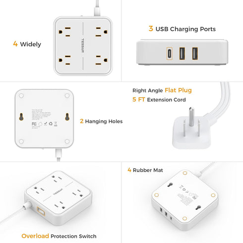 Long Flat Extension Cord 15 ft with TESSAN Surge Protector Power Strip and 4 Outlets