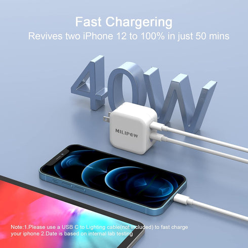Milipow 40W Dual Ports PD3.0 USB-C Compact Charger Adapter for Smartphones, iPad Pro, Air, Google Pixel, AirPods