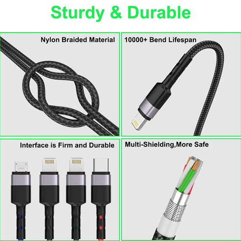 iPhone Charging Multi 4-in-1 USB Long Cable, 3M/10Ft Nylon Braided Universal Charger for iPhone/Samsung/LG/Pixel