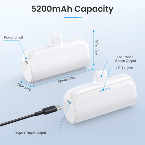 Mini Portable Charger Power Bank for iPhone, 5200mAh Ultra-Compact PD Fast Charging Battery Pack, Compatible