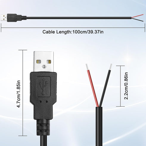 MEIRIYFA USB 2.0 Pigtail Cable Male Plug, 2 Pin Open End Bare Wire, 1M Power Extension Cable, 5 PCS