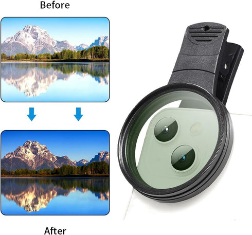 52mm Clip-on CPL Phone Camera Lens Filter, Universal CPL Filter Compatible with iPhone, Samsung, Android Smartphones