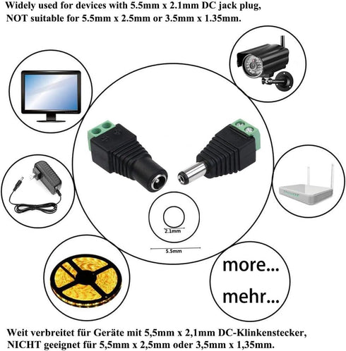 5.5mm x 2.1mm DC Barrel Jack Connector, DC 12V Adapter, Male Plug & Female Socket for CCTV, LED Strip, 5 Female + 5 Male
