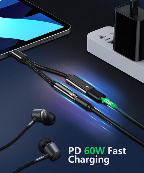 2 in 1 USB C to 3.5mm Headphone Audio and Charger Adapter, Type C to Aux Hi-fi Audio with PD 60W Fast Charge